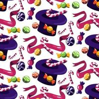 Pattern with a purple hat with a candy pattern. The world of the creator of sweets. A hat from which chocolate and caramel candies fly out, round, a cane, a ribbon on a white background. Print Repeat vector