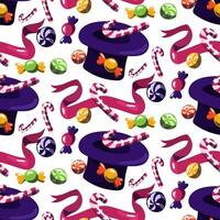 Pattern with a purple hat with a candy pattern. The world of the creator of sweets. A hat from which chocolate and caramel candies fly out, round, a cane, a ribbon on a white background. Print Repeat vector