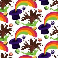 Pattern with a purple hat with sweets. The world of the creator of sweets. Volcano of chocolate from the ground, grass, colorful candies, ribbon on a white background. Caramel Lollipops are Fantastic vector