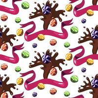 Chocolate fountain pattern with candy and ribbon. The world of the creator of sweets with fictional candies. Magic chocolate. Chocolate and striped caramel, ribbon with on a white background. Print vector