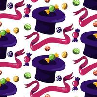 A pattern with a purple hat with a candy pattern. The world of the creator of sweets. A hat from which chocolate and caramel candies fly out, a ribbon on a white background. Printing packaging vector