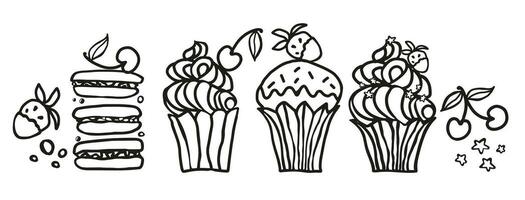 Sweet food vector sketchy illustrations collection of desserts. Macaroon, muffin, pudding, cake with fruit. Hand drawn black and white vector illustration isolated on white background