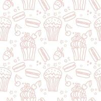 Sweet cake pastel seamless pattern with desserts. Macaroon, muffin, pudding, cake with cherry and strawberry fruit. Hand drawn vector background for textile, fabric, scrapbook or wallpaper.