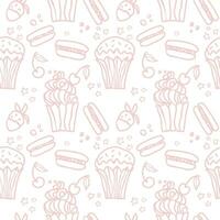 Sweet cake pastel seamless pattern with desserts. Macaroon, muffin, pudding, cake with cherry and strawberry fruit. Hand drawn vector background for textile, fabric, scrapbook or wallpaper.