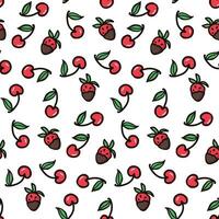 Cherry and strawberry fruit seamless pattern. Summer berries, fruits with leaves, vector background. Hand drawn doodle illustration for cover, fabric, wallpaper texture, backdrop, wedding invitation