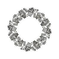 Sweet cake vector circle frame with desserts. Macaroon, muffin, pudding, cake with cherry and strawberry fruit. Hand drawn black and white vector illustration isolated on white background.