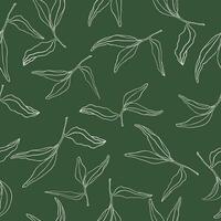 Floral seamless pattern, line art greenery repeat pattern for textile. Tea leaves retro background. Elegant fabric on dark green background Surface pattern design vector