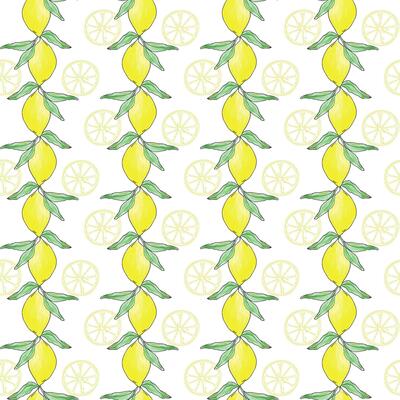 Lemon seamless pattern, stripes repeat pattern for textile. Yellow citrus fruit with leaves retro background. Elegant fabric on light background Surface pattern design