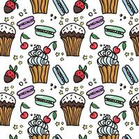 Sweet cake seamless pattern with desserts . Macaroon, muffin, pudding, cake with cherry and strawberry fruit. Hand drawn vector illustration for surface design, textile, fabric, scrapbook