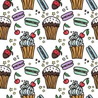 Sweet cake seamless pattern with desserts . Macaroon, muffin, pudding, cake with cherry and strawberry fruit. Hand drawn vector illustration for surface design, textile, fabric, scrapbook