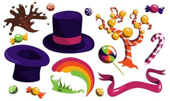 A set from the creator of sweets. Hat, candy, rainbow, grass, chocolate fountain, caramel trees, striped candy on a white background. A collection of parts from a fantastic chocolate factory vector