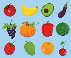 Set of colorful fruit icons, tomato, banana, avocado, eggplant, grapes, pumpkin, bell pepper, watermelon, strawberry, mango, orange, cherry vector