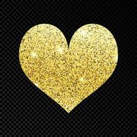 Gold glittering heart on dark background. Background with gold sparkles and glitter effect. Vector illustration