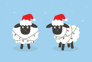 Christmas sheep in Santa hat and with garland. Cartoon drawing vector illustration on blue background