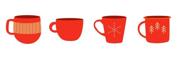 Set of red mugs without drink. Simple silhouette of cups vector illustration