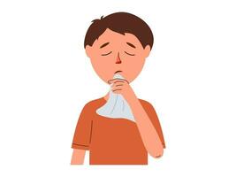 Man blowing nose. Unwell guy has Cold and flu symptoms. Sick people struggle with health problems, have influenza or covid symptoms. Vector illustration