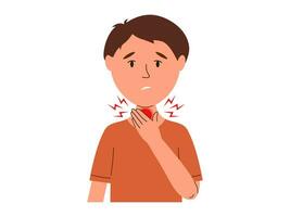 Man has a sore throat. Sick people struggle with health problems, have influenza or covid symptoms. Vector illustration