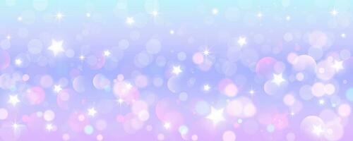 Purple unicorn background. Pastel watercolor sky with glitter stars and bokeh. Fantasy galaxy with holographic texture. Magic marble space. Vector