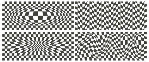 Checkerboard wavy pattern. Abstract chess square print. Black and white psychedelic optical illusion. Warped flag with geometric graphic. Y2k design for banner vector