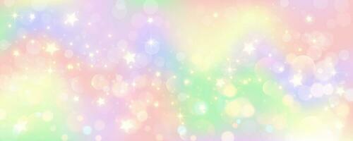 Rainbow unicorn pastel background with glitter stars. Pink fantasy sky. Holographic space with bokeh. Fairy iridescent gradient backdrop. Vector