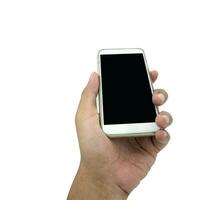 Hand holding smart phone isolated over white photo