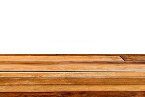 Brown weathered hardwood plank table top on white background photo