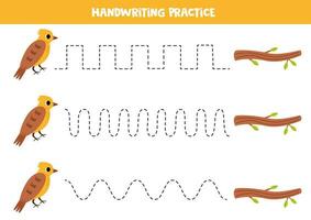 Tracing lines for kids. Cute cartoon yellowhammer bird and tree branch. Handwriting practice. vector