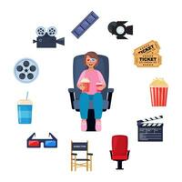 Kid watching movie with 3d glasses. Soda and popcorn in kids hands. Cinema elements around. Tickets, clapperboard, montage tape, video camera. Vector illustration.