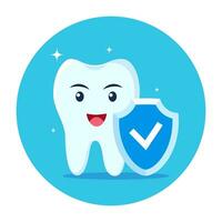 Happy tooth character and shield. Shiny white tooth being protected by shield icon. Dental health concept. Vector illustration.