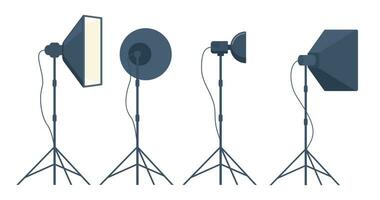 Different types of professional lighting equipment for blogging, vlogging and studio photo and video. Vector illustration.