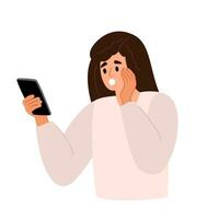 Sad anxious girl with mobile phones, reading bad news, message in internet. Negative emotion. Flat vector illustration isolated on white background.