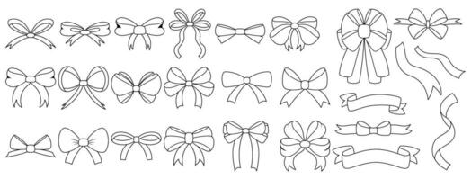 Simple doodle black and white hand drawn ribbon bow collection. Bowknot for decoration, big set of bowtie vector