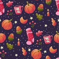 Winter holiday seamless pattern illustration with cute pumpkins, socks, leaves and moon. Purple background. photo