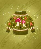 Christmas holiday sweater with cute mushrooms and leaves. Colorful winter festive illustration. photo