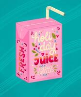 Juice box with hand lettering holiday juice. Cute festive winter holiday illustration. Bright colorful pink and blue greeting card. photo