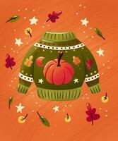 Christmas holiday sweater with cute pumpkin and leaves. Colorful winter festive illustration. photo