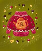 Navidad fiesta suéter con té pava, hojas y hongos. vistoso invierno festivo ilustración. foto