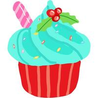 cupcake with candy cane and christmas berry line art doodle vector