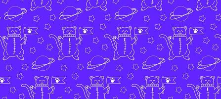 Seamless pattern in doodle style. Vector background with a cat in space. Character of a cute cat in an astronaut suit in space, stars, planet, galaxy.