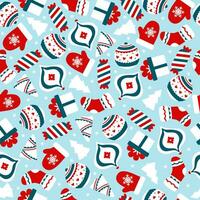 Christmas pattern with candy, xmas socks snowflakes, christmas balls on blue background. Happy New Year design. Winter holiday concept. Vector illustration.