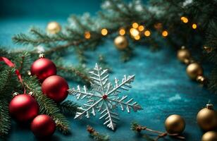 AI generated Christmas holiday background. Xmas decorated holiday festive background. New year winter background, Christmas holiday border. photo