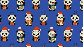 panda con decorazione Natale animazione ciclo continuo sfondo. video piatto cartone animato animazione design elemento. 4k video metraggio