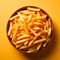 AI generated French fries, fast food packaging, quick snack, junk food - AI generated image photo