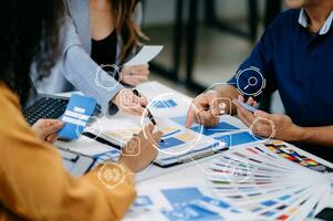 UX developer and ui designer brainstorming about mobile app interface wireframe design with customer breif and color code photo