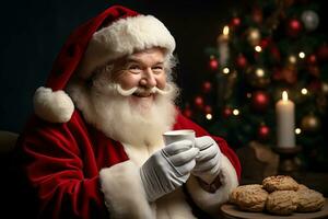 AI Generative. Happy Santa Claus sitting against the background of a Christmas tree with a cup of milk and a tray of cookies photo