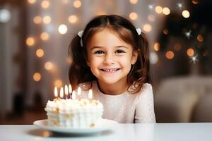 ai generativo. un niño niña es yendo a soplar fuera el velas en un cumpleaños pastel. el niña mira a el cámara y sonrisas foto