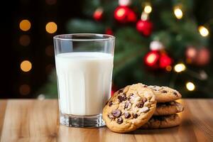 AI Generative. glass of milk with ginger Christmas cookies on wooden table, blurred bokeh background. photo