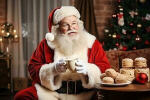 AI Generative. Happy Santa Claus sitting against the background of a Christmas tree with a cup of milk and a tray of cookies photo