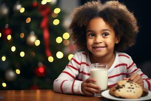 AI Generative. African American girl child puts a glass of milk and cookies on the table for Santa Claus photo