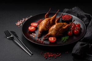 Roasted quail, partridge or pigeon stuffed with orange with spices and herbs photo